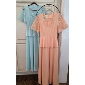 Two Vtg C.m. Courtney 60s Polyester‎ Maxi Peplum Dress Pair Peach Blue Xs Small